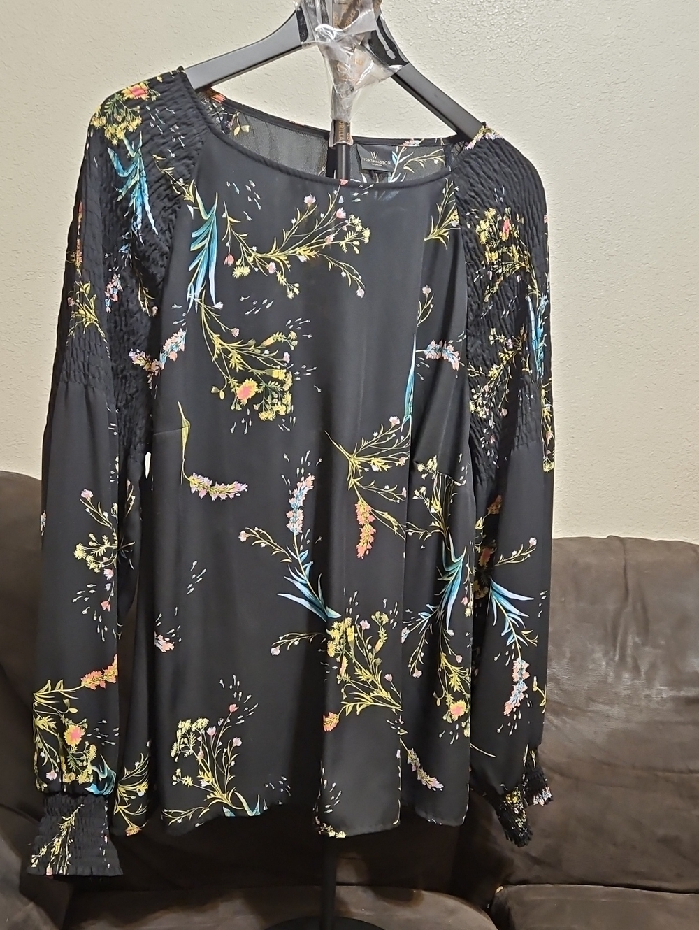 Worthington Black Floral Long-Sleeve Blouse with Multicolor Print